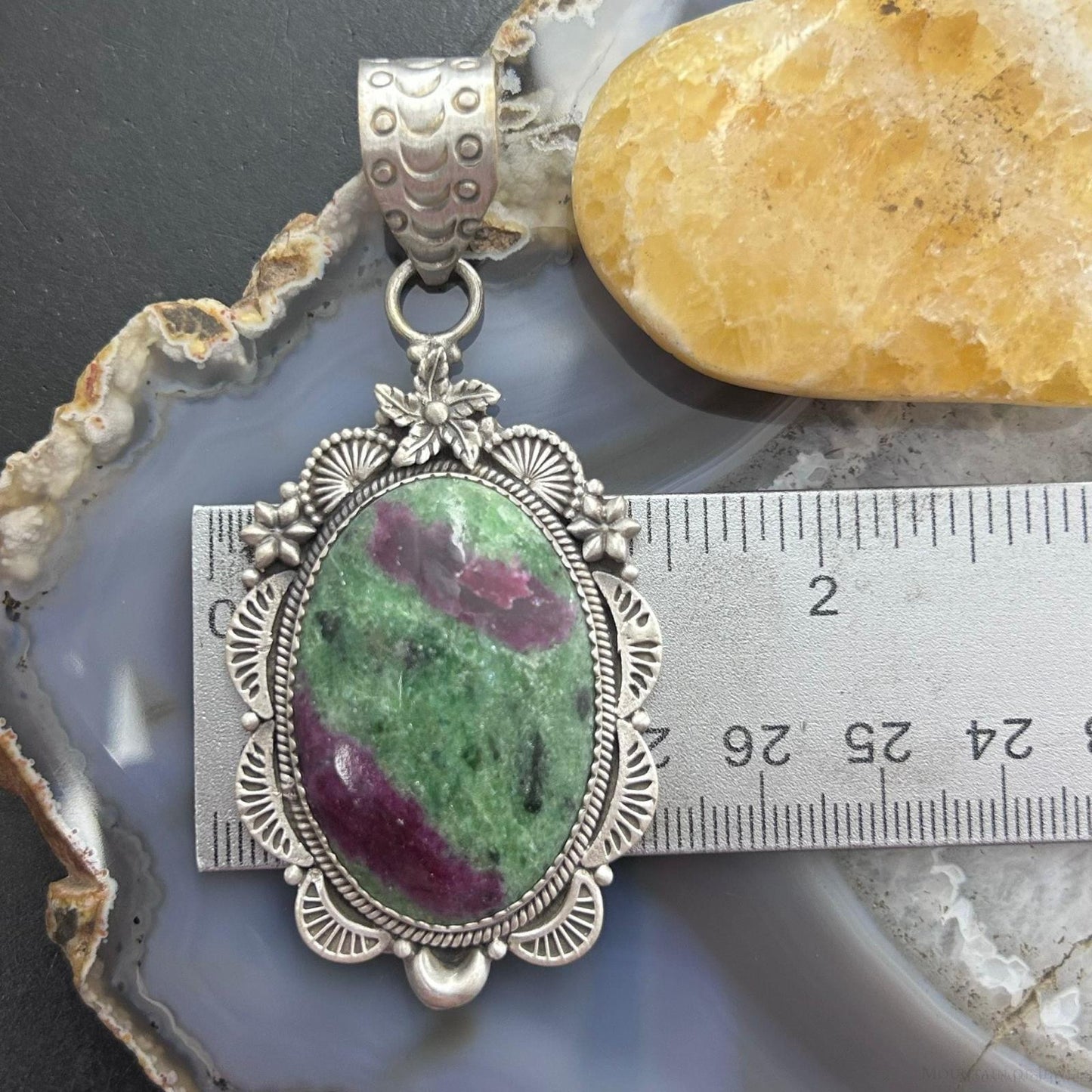 Sterling Silver Southwestern Style Oval Ruby Zoisite Decorated Pendant For Women