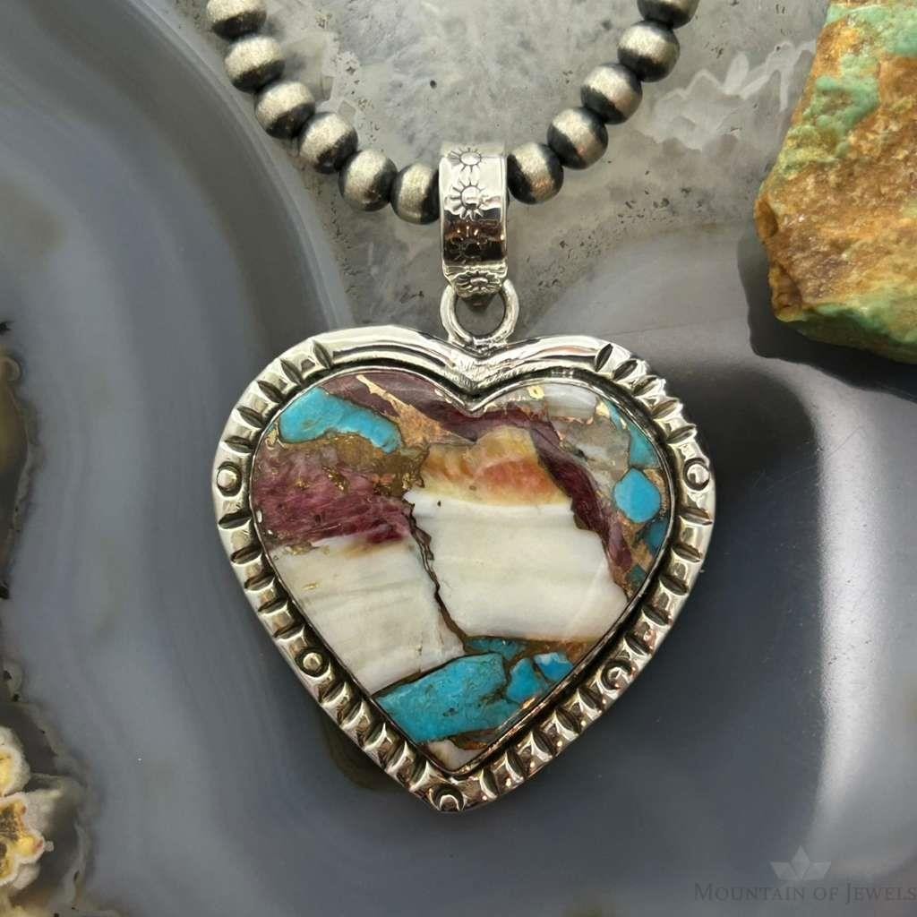 Sterling Silver Southwestern Style Turquoise Spiny Oyster Heart Pendant For Women #1