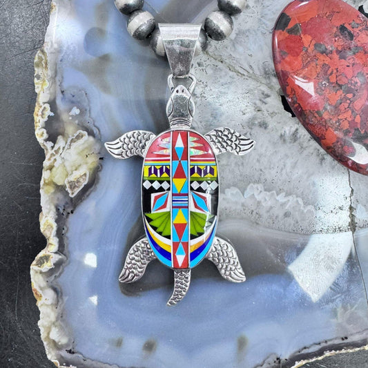 Sterling Silver Multi Gemstone Inlay Turtle Unisex Pendant