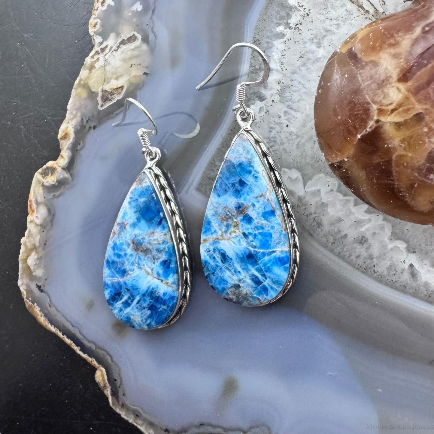 Sterling Silver Southwestern Style Teardrop Blue Apatite Dangle Earrings For Women
