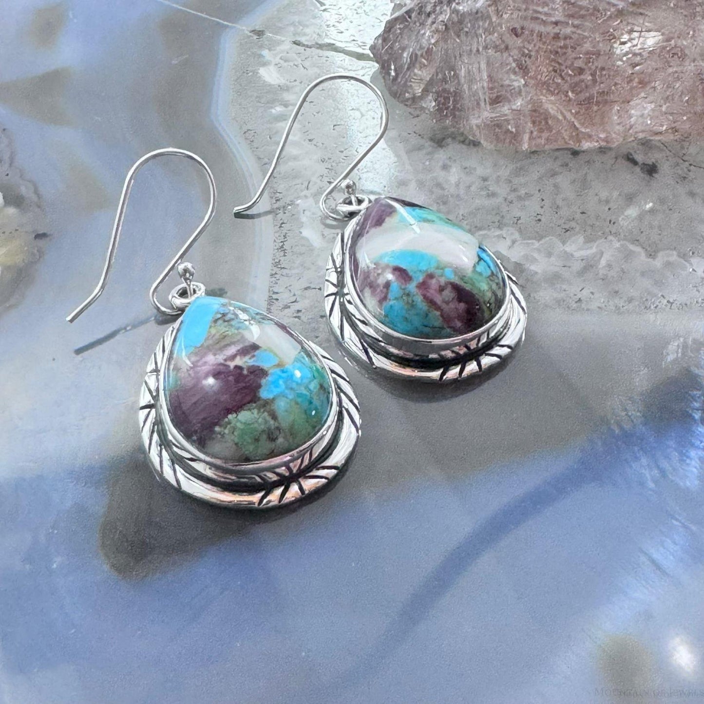 Native American Sterling Silver Turquoise & Spiny Oyster Composite Dangle Earrings For Women