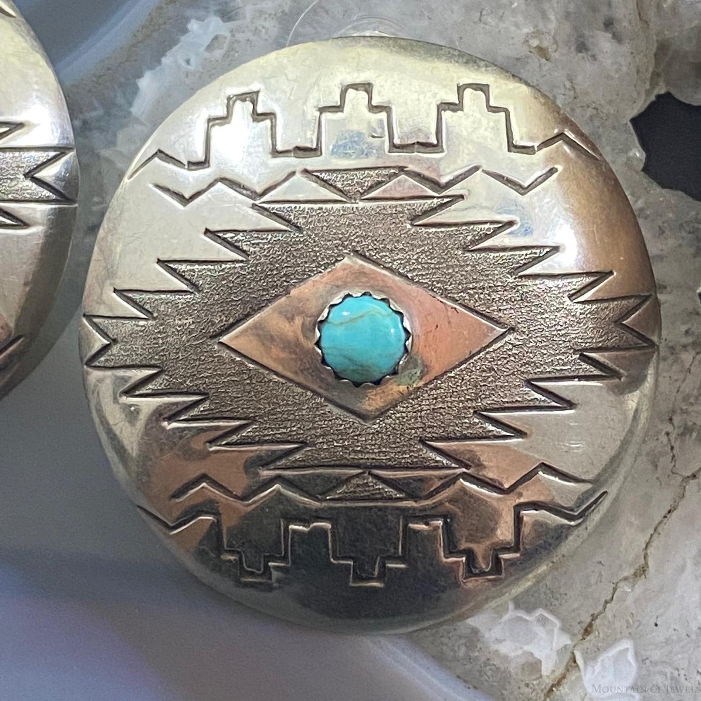 Vintage Native American Sterling Stamped Round Turquoise Stud Earrings For Women