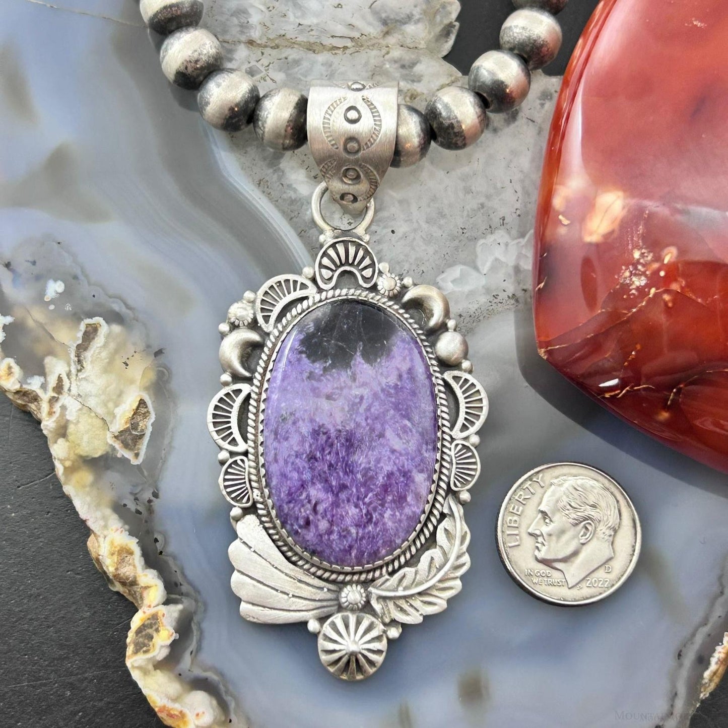 Sterling Silver Southwestern Style Oval Charoite Decorated Pendant For Women