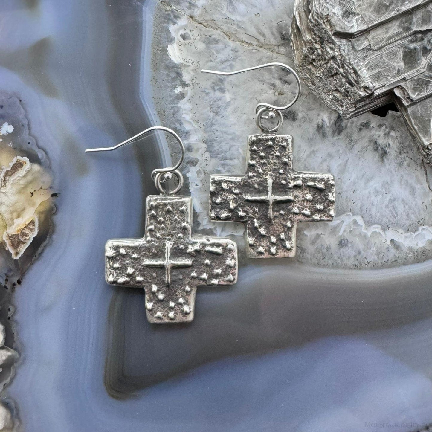 Cheyenne Custer Sterling Silver Tufa Cast Cross Dangle Earrings For Women