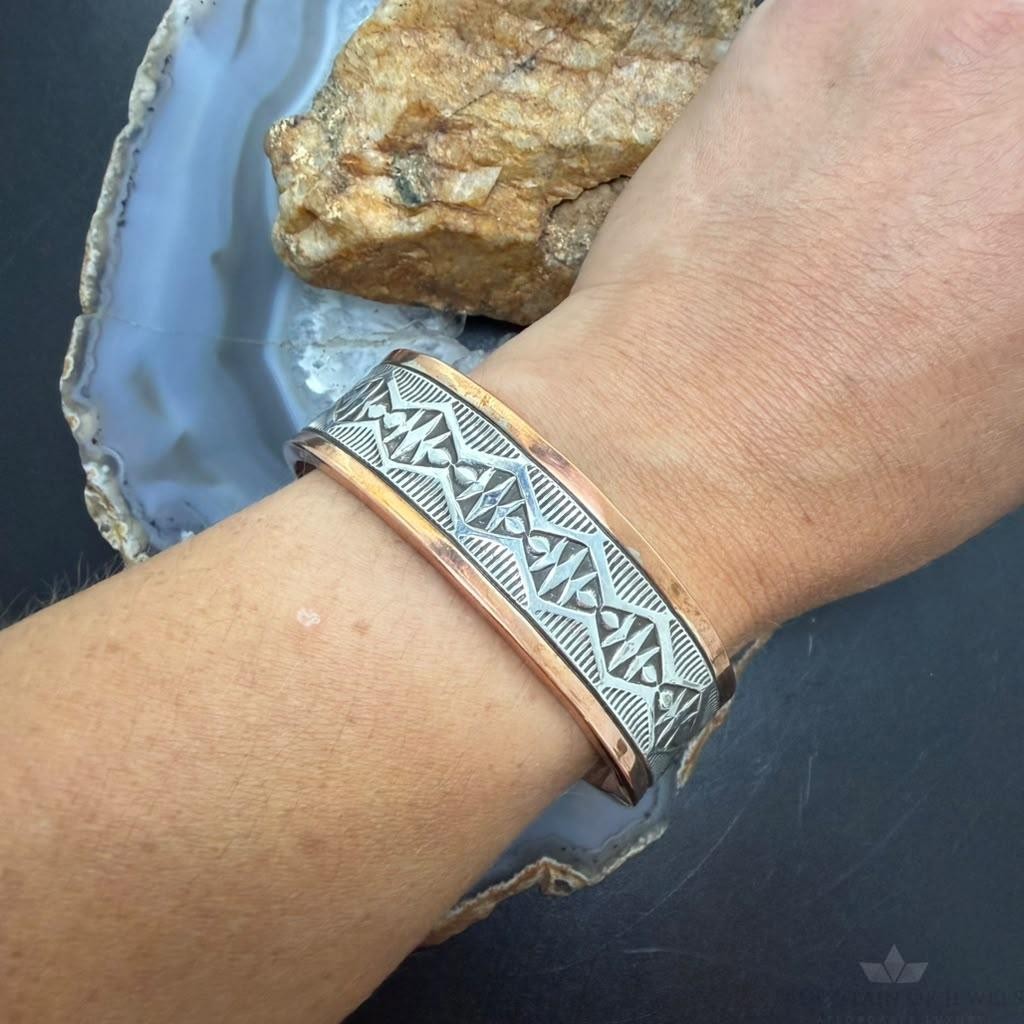 Wylie Secatero Navajo Sterling Silver & Copper Stamped Bracelet For Women #4