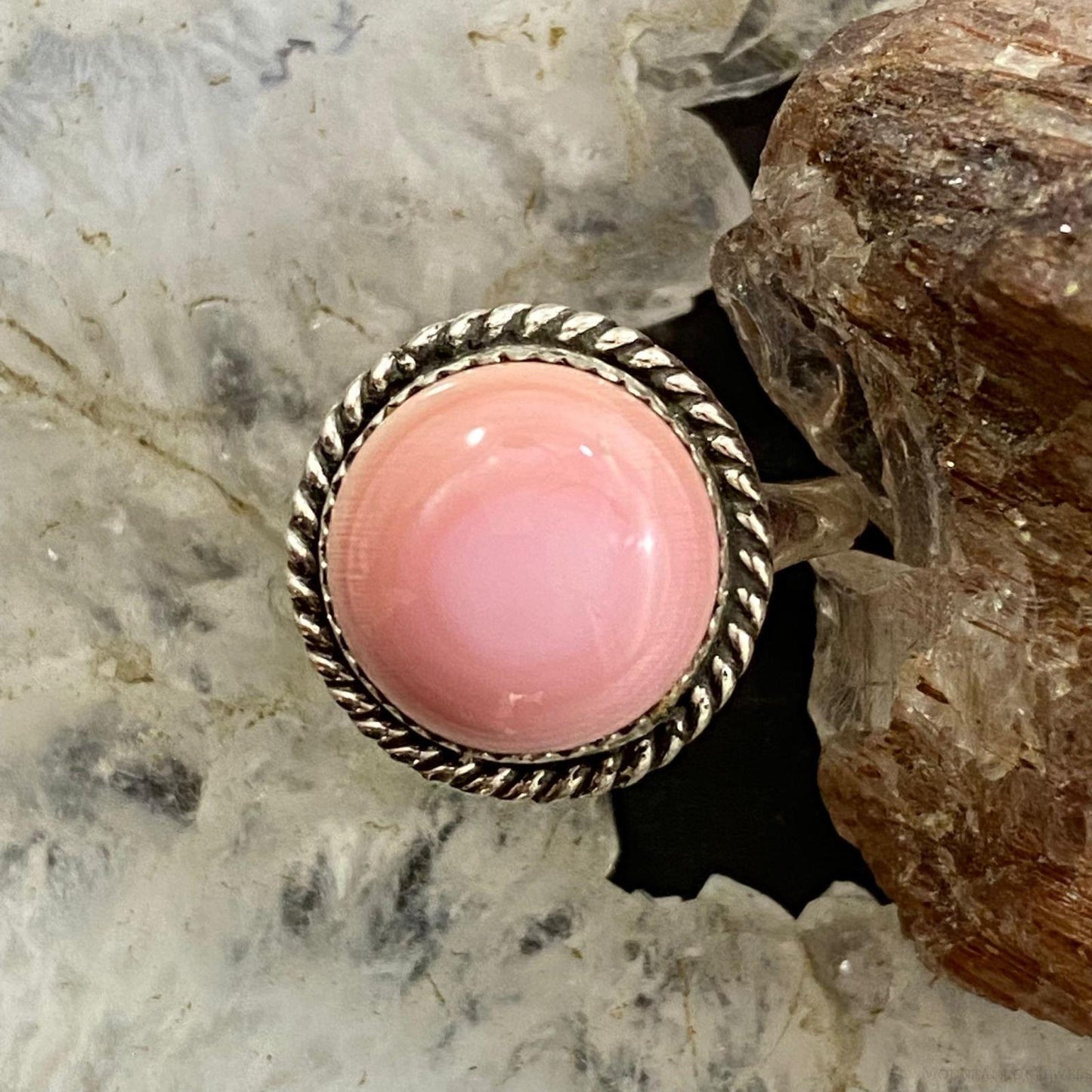 Native American Sterling Silver Rounded Pink Conch Ring Size 7.5 & 8 For Women