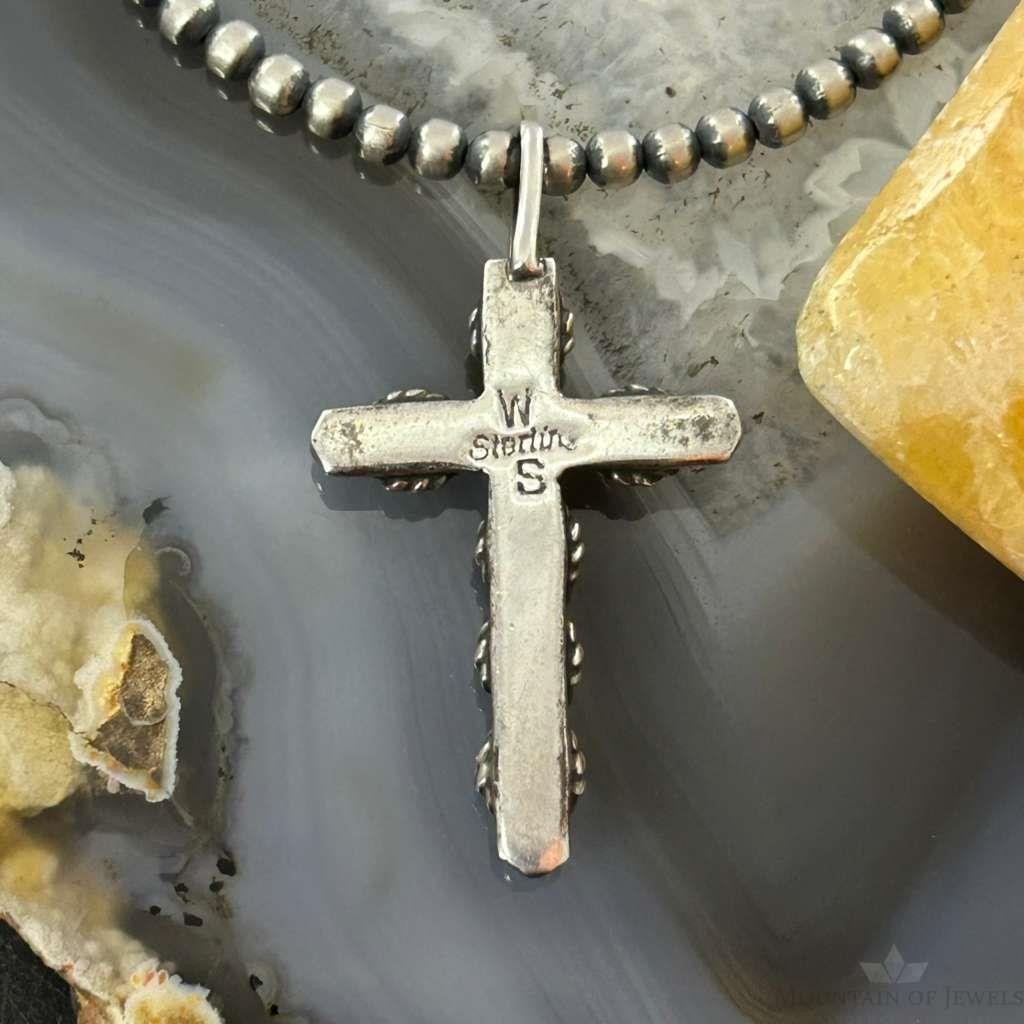 Vintage Signed Sterling Silver Petite Point Turquoise Unisex Cross Pendant