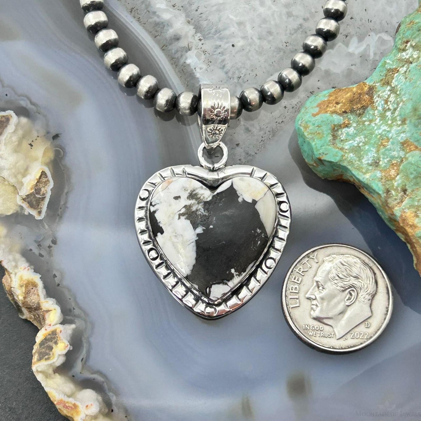 Sterling Silver Southwestern Style White Buffalo Decorated Heart Pendant For Women #2