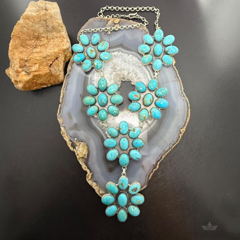 Sterling Silver Southwestern Style Kingman Turquoise Cluster Lariat Necklace For Women