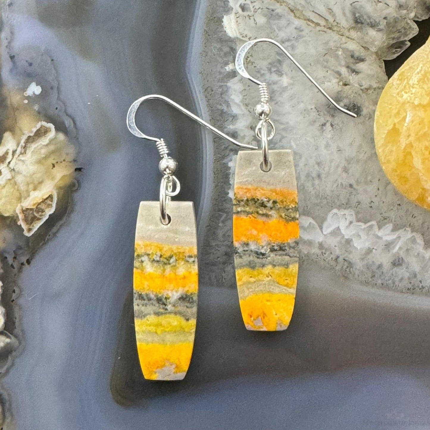 Sterling Silver Elongated Barrel Bumblebee Jasper Slab Dangle Earrings For Women #204