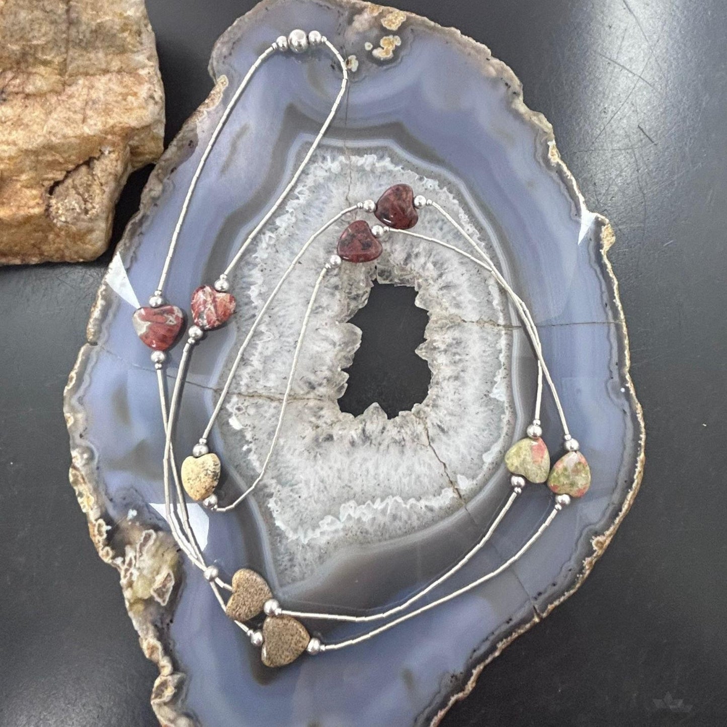 Carolyn Pollack Vintage Sterling Silver Tube Beads & 9 Jasper Hearts Necklace For Women