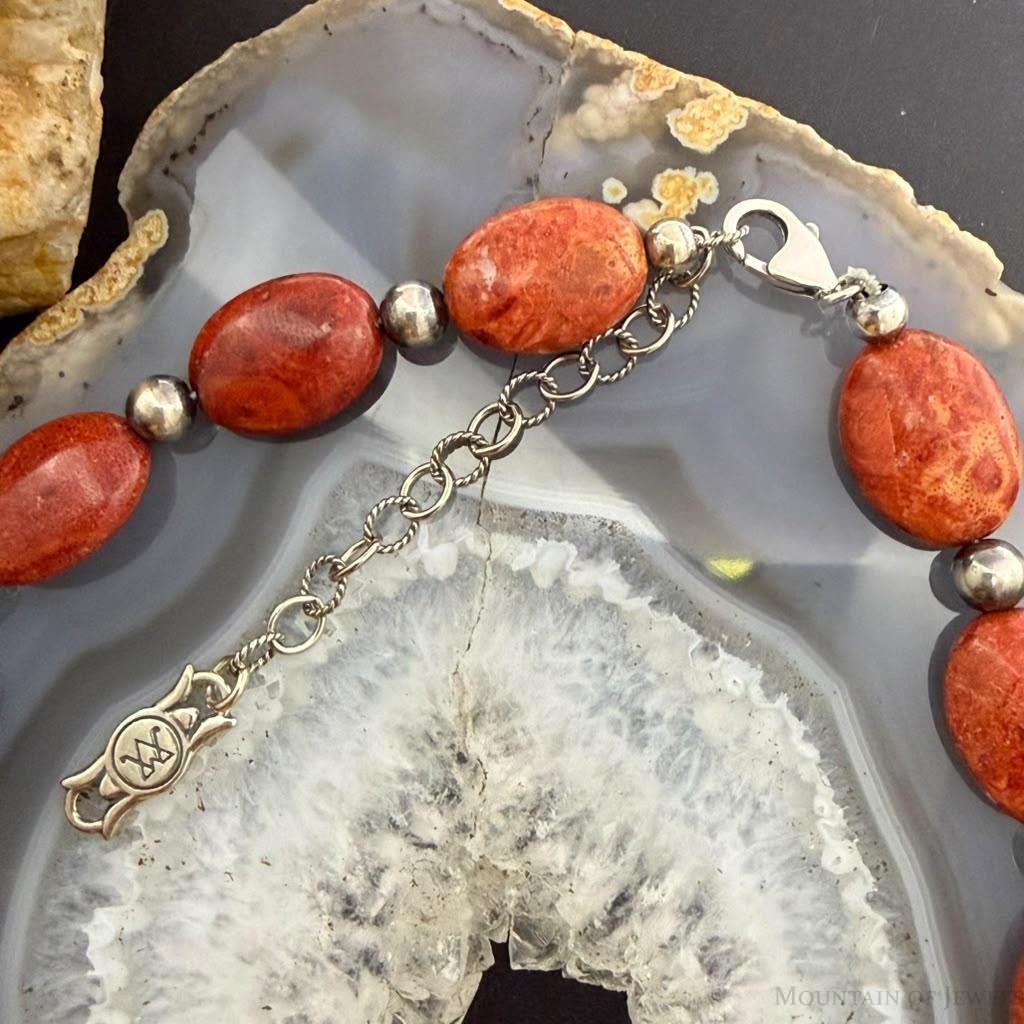 Carolyn Pollack Sterling Silver Oval Coral Beads 17"-20" Necklace For Women