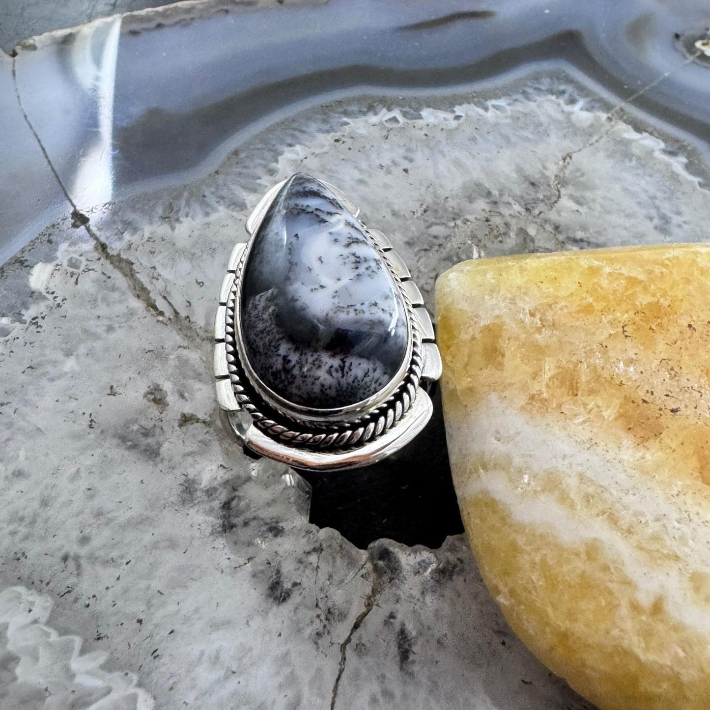Sterling Silver Southwestern Style Elongated Teardrop Dendrite Agate Ring Size 9.25 For Women