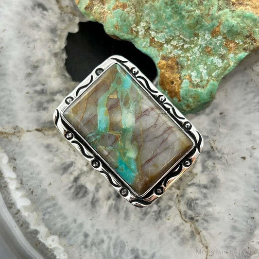 Native American Sterling Silver Rectangle Boulder Ribbon Turquoise Bar Ring Size 7.25 For Women