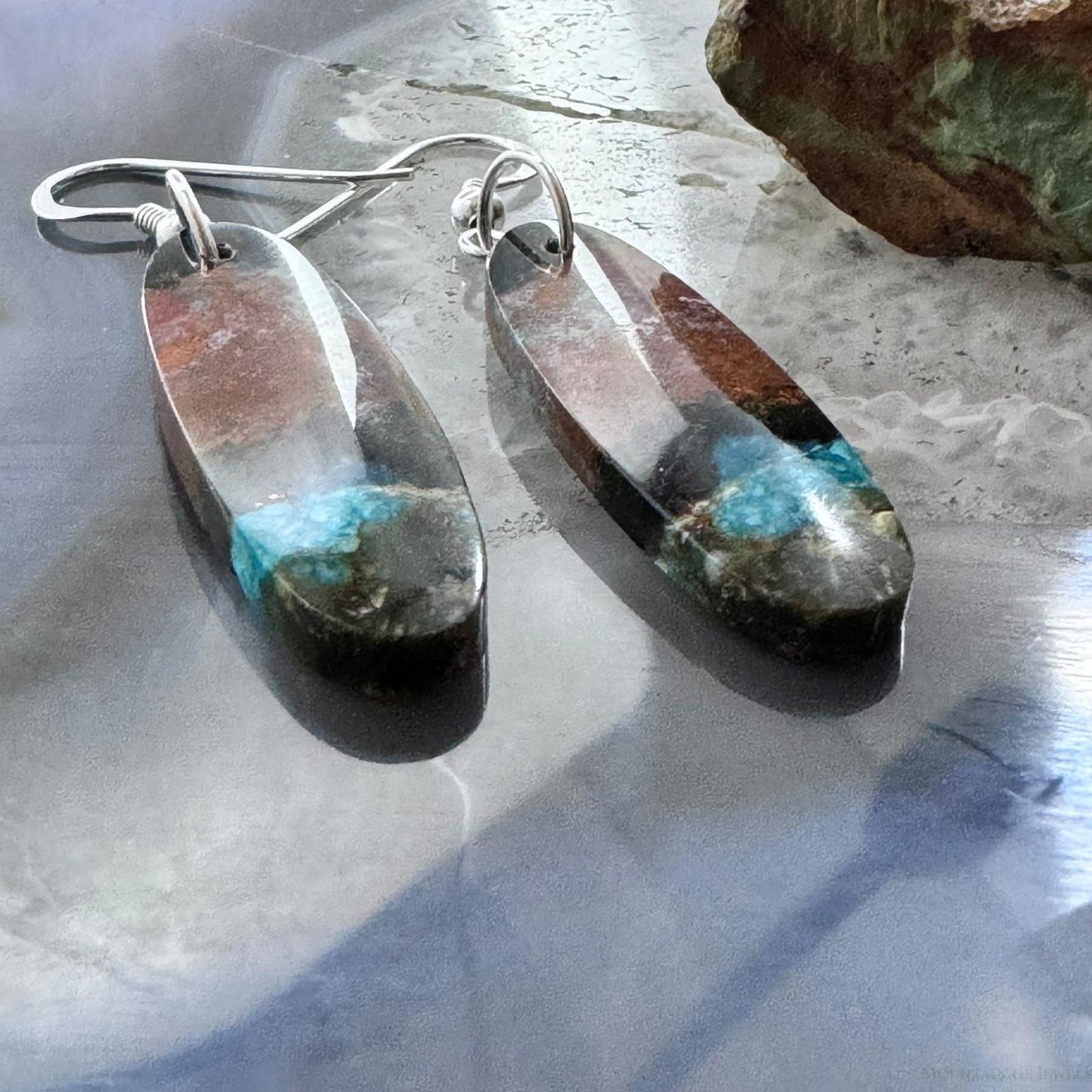 Sterling Silver Elongated Oval Chrysocolla Slab Dangle Earrings For Women #227