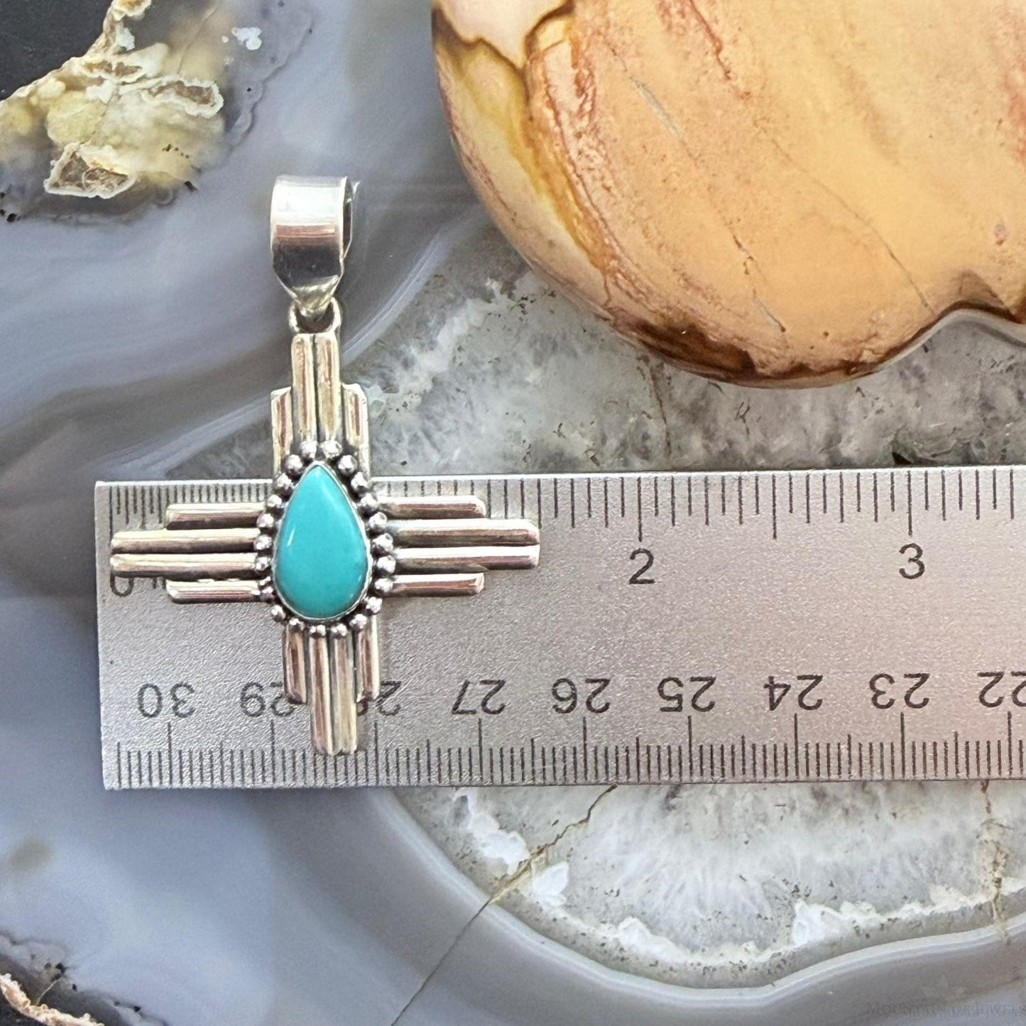 Sterling Silver Southwestern Style Teardrop Turquoise Unisex Zia Pendant