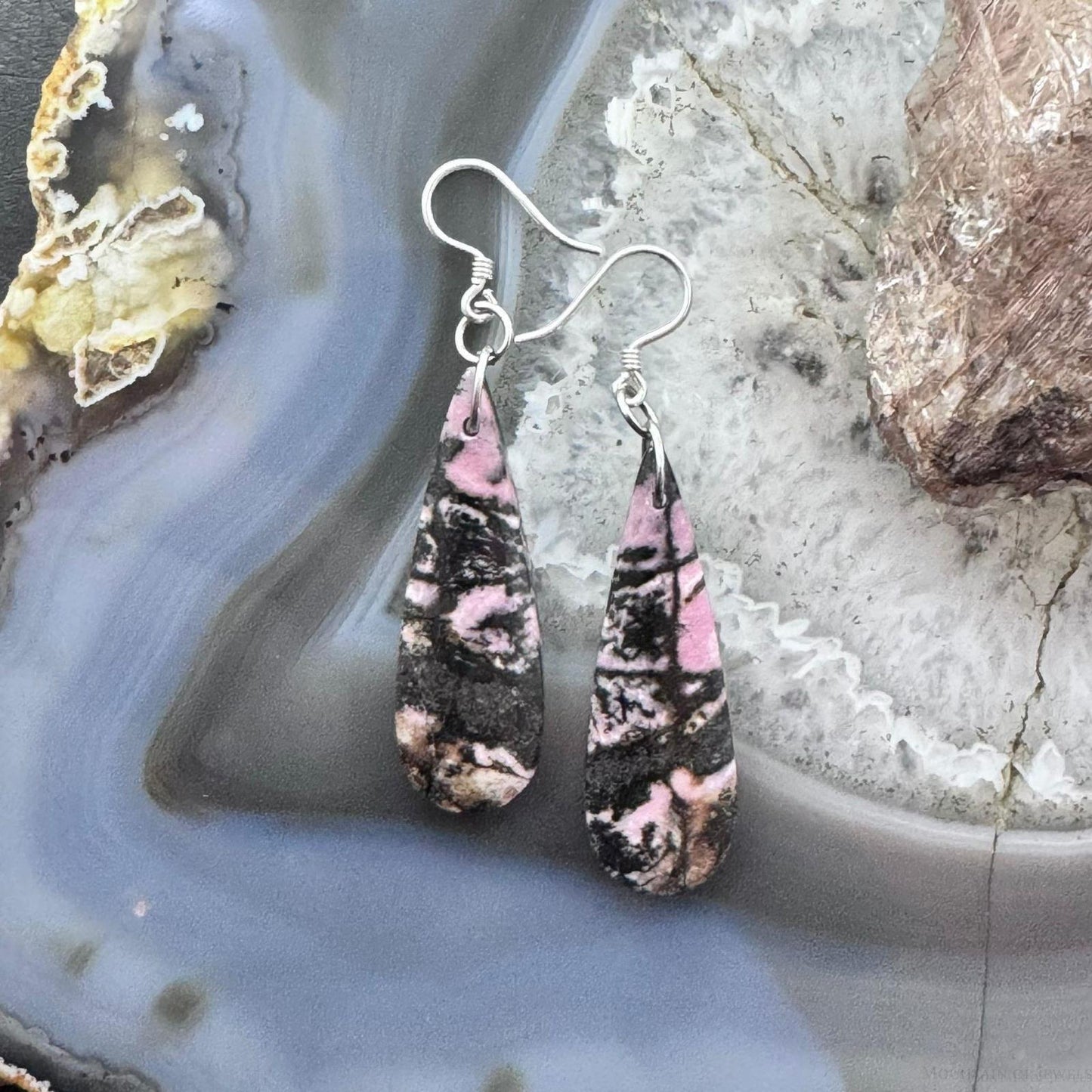 Sterling Silver Elongated Teardrop Rhodonite Slab Dangle Earrings For Women #233