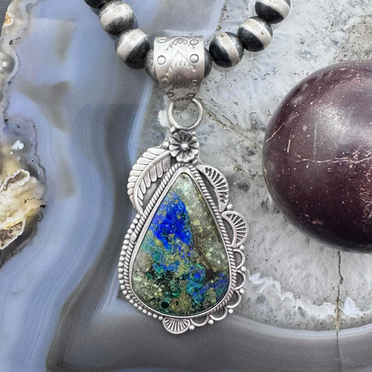 Sterling Silver Southwestern Style Teardrop Chrysocolla Decorated Pendant For Women