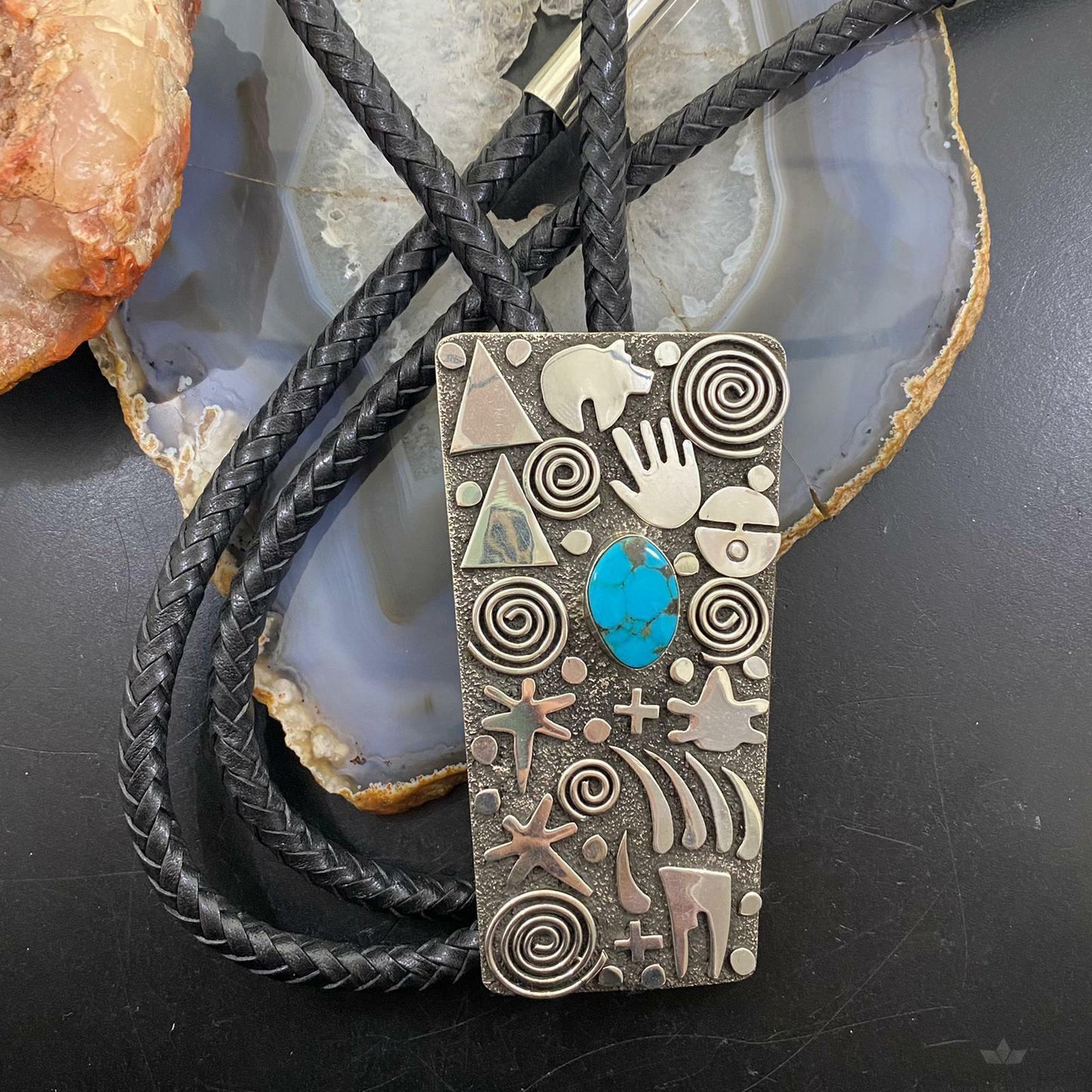Alex Sanchez Sterling Silver Turquoise & Petroglyph Trapeze Bolo Tie For Men