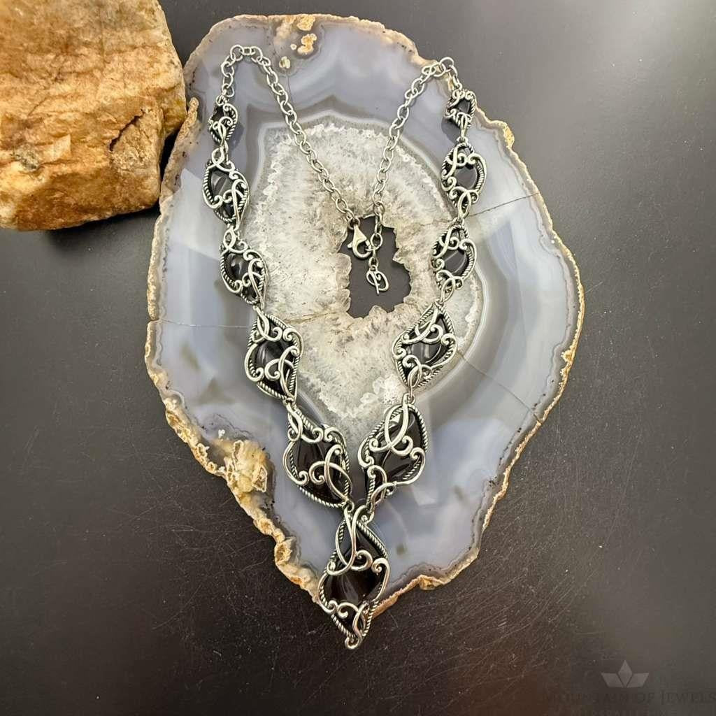Carolyn Pollack Sterling Silver Onyx Swirl Decorated 22" Necklace For Women