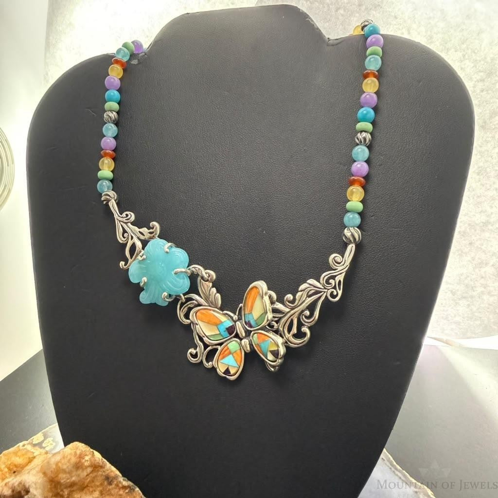 Carolyn Pollack Sterling Inlay Butterfly & Multistone Beads 15"-20" Necklace For Women