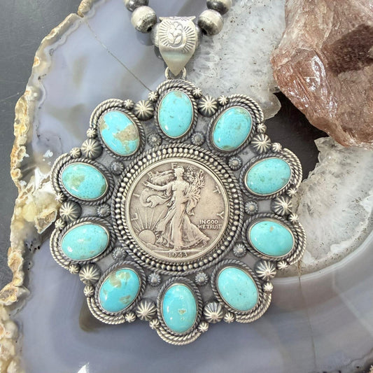 Genuine 90% Silver Walking Liberty Half Dollar Coin w/Turquoise Unisex Pendant