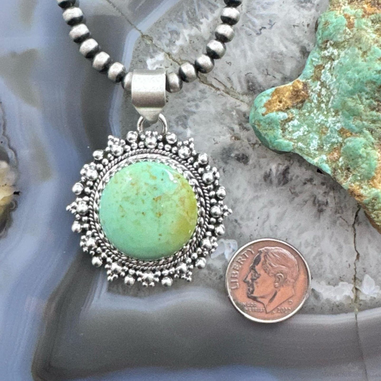 Sterling Silver Southwestern Style Round Green Turquoise Decorated Pendant For Women