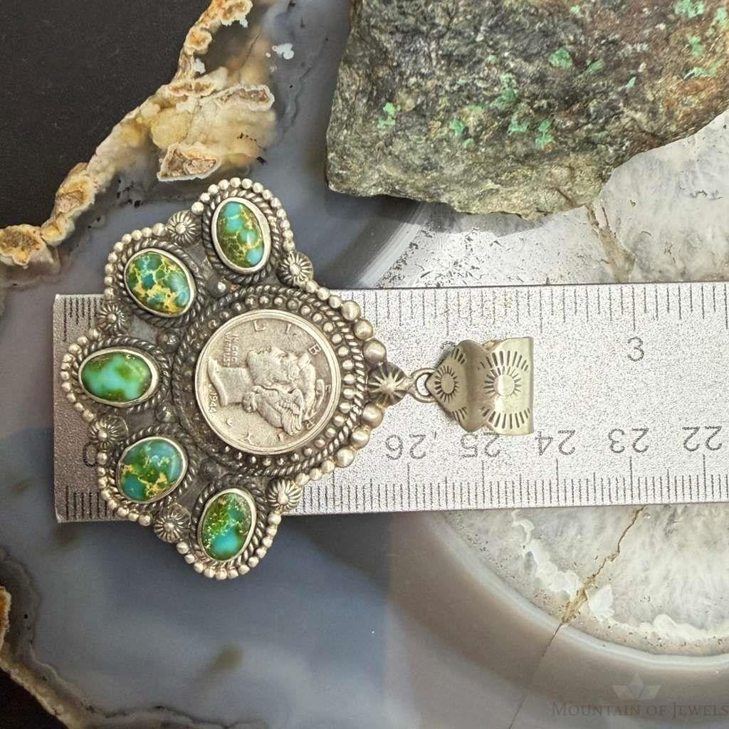 Sterling Silver Southwestern Style 1944 Mercury Dime & Sonora Gold Turquoise Pendant