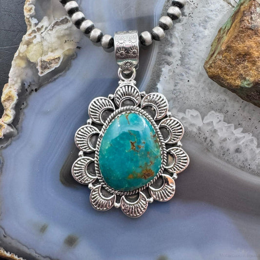 Sterling Silver Southwestern Style Large Turquoise Decorated Pendant For Women