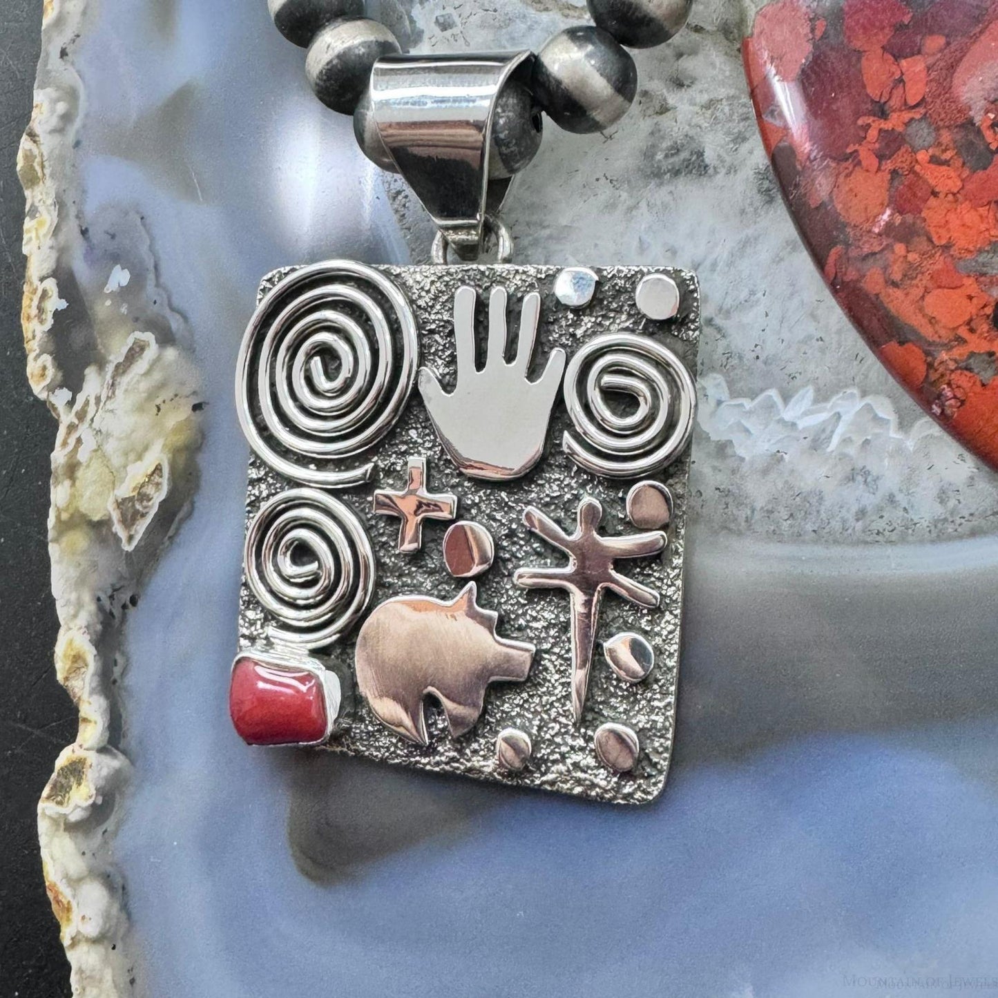 Alex Sanchez Native American Sterling Silver Coral Square Petroglyph Unisex Pendant