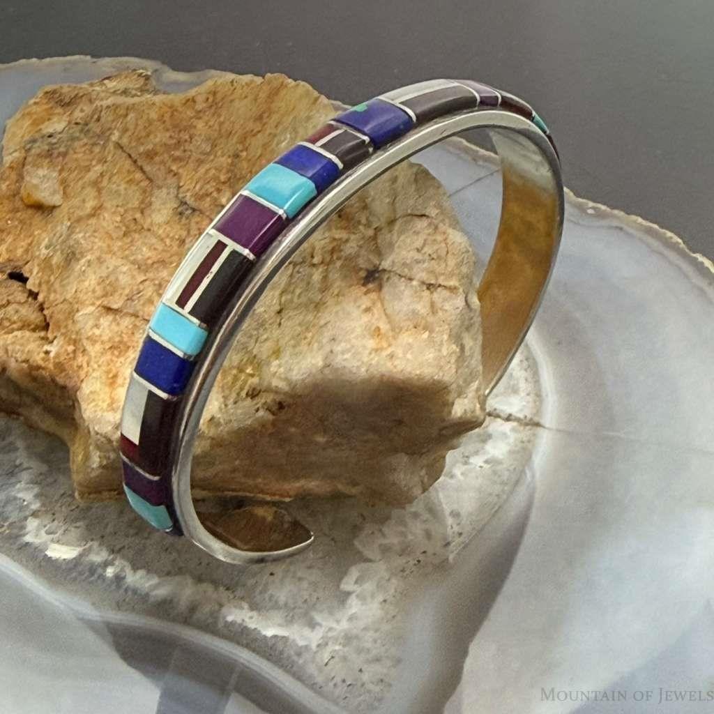 Vintage Native American Sterling Silver Multi Stone Inlay Bracelet For Women