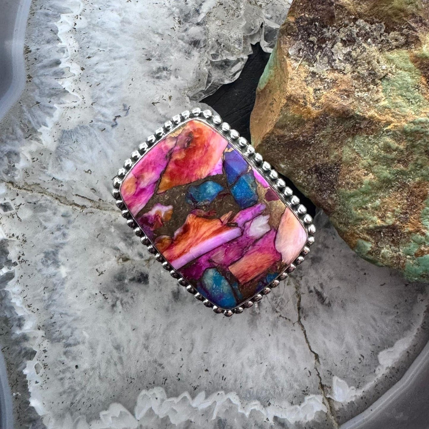 Sterling Silver Southwestern Style Rectangle Mohave Dahlia Ring Size 9.75 For Women