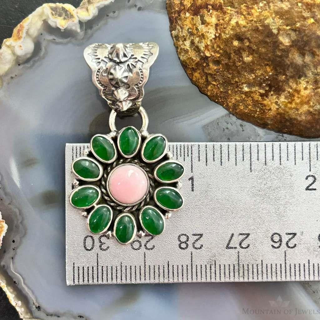 Native American Sterling Silver Pink Conch &Chalcedony Cluster Pendant For Women