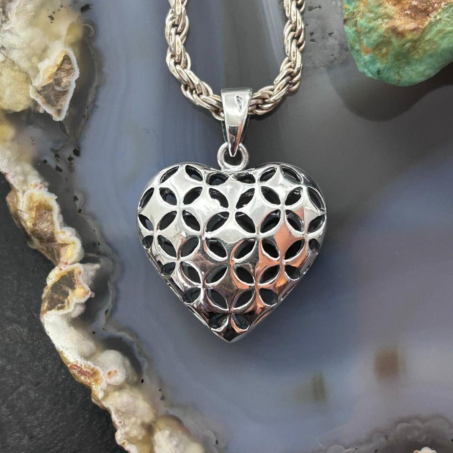 Sterling Silver Lattice Cut Out Hollowed Heart Pendant For Women