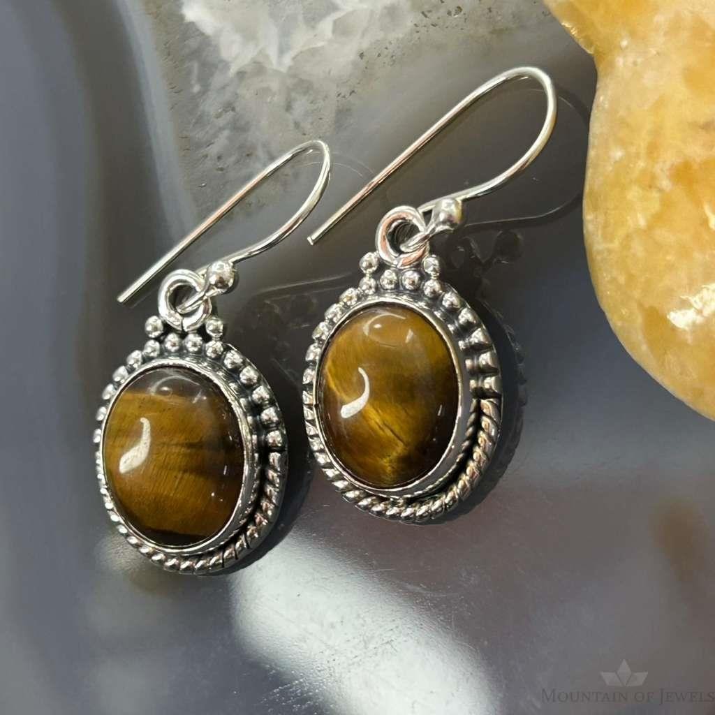 Sterling Silver Southwestern Style Oval Tiger's Eye Earrings For Women #1
