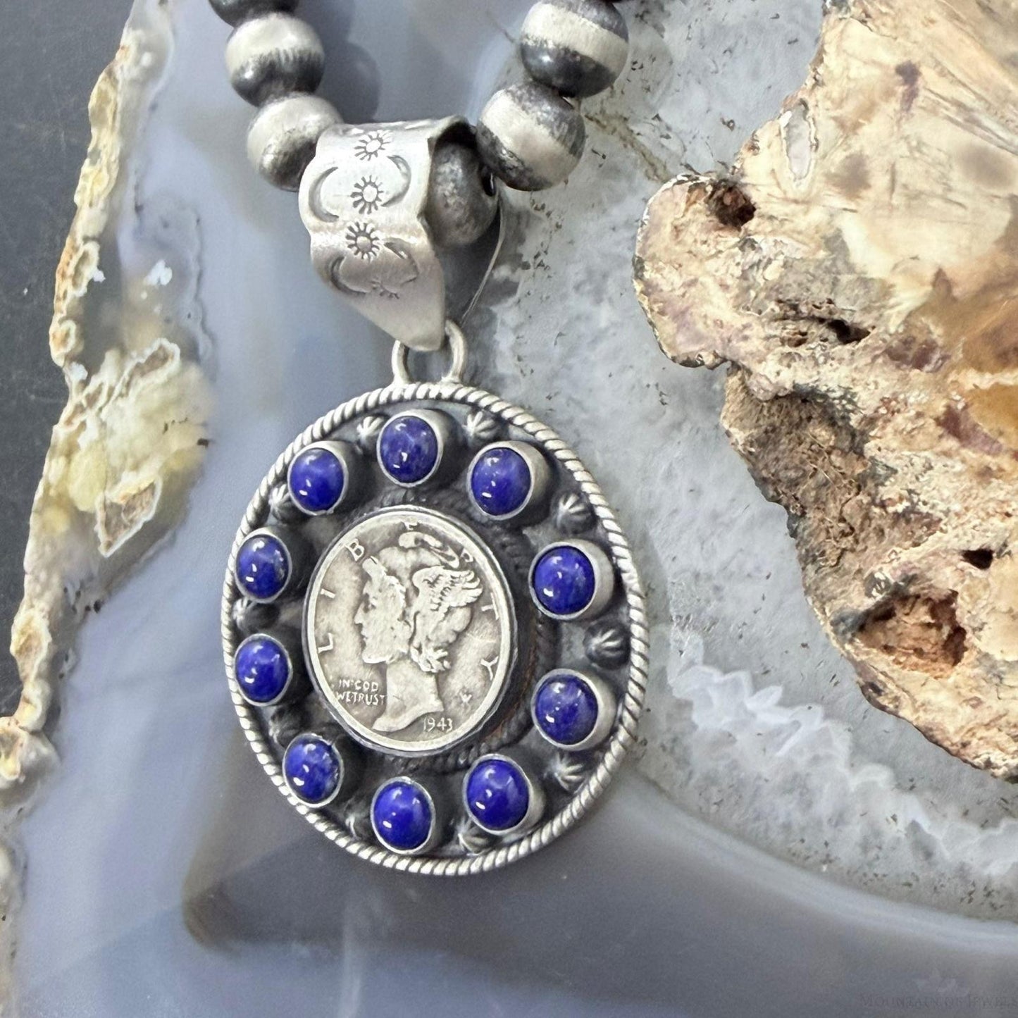 Genuine 1943 90% Silver Mercury Dime Coin w/Lapis Decorated Unisex Pendant #1