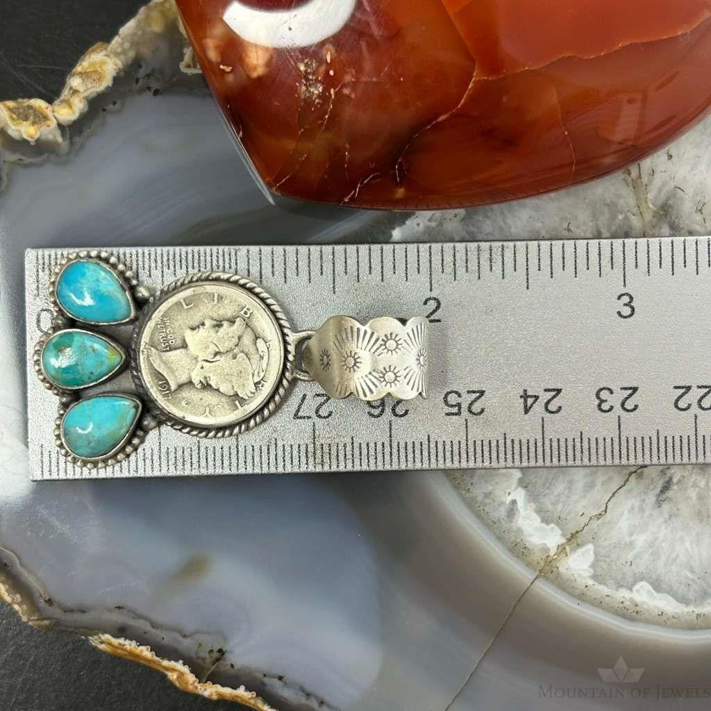 Genuine 1917 90% Silver Mercury Dime Coin w/Teardrop Turquoise Decorated Unisex Pendant