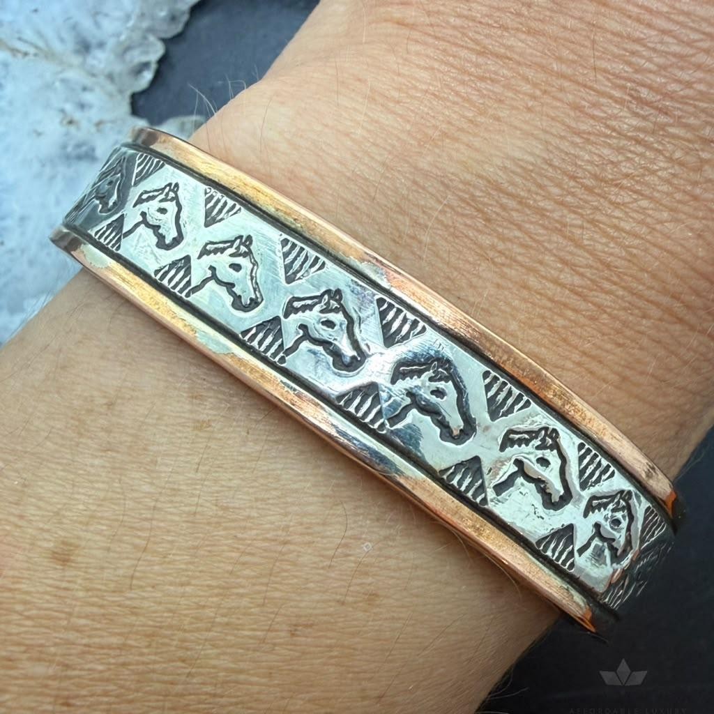 Wylie Secatero Navajo Sterling Silver & Copper Stamped Horse Bracelet For Women