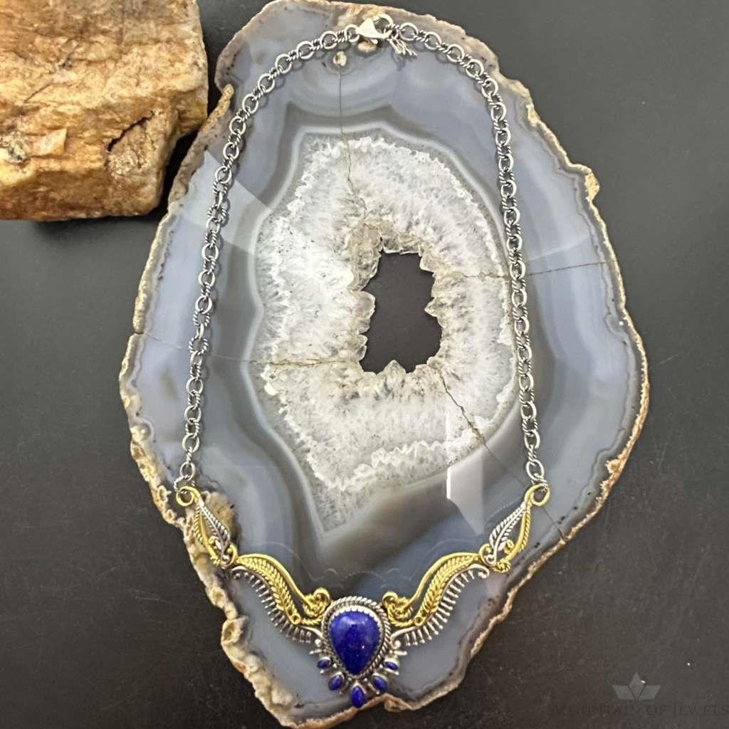 Carolyn Pollack Sterling Silver & Brass Lapis Decorated 15" Necklace For Women