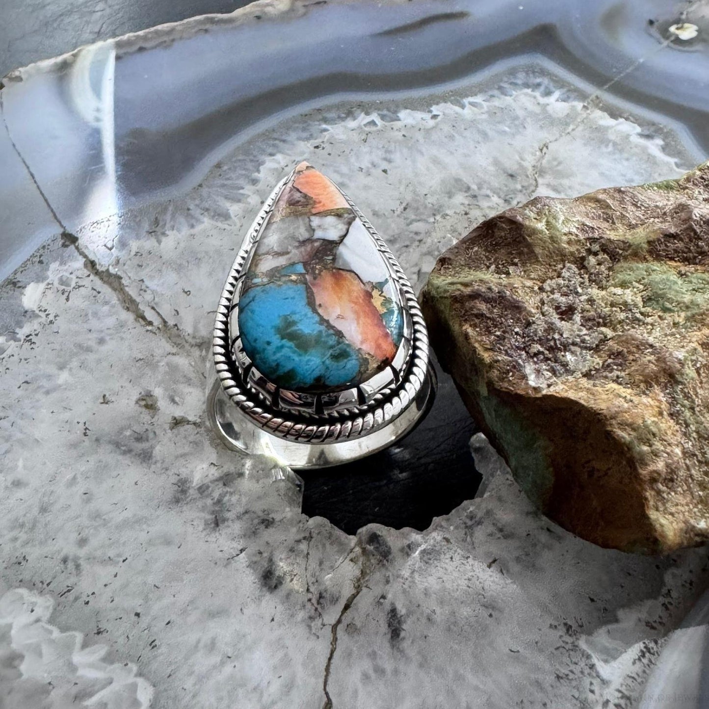 Sterling Silver Southwestern Style Teardrop Composite Spiny Oyster Turquoise Ring 10.75 For Women