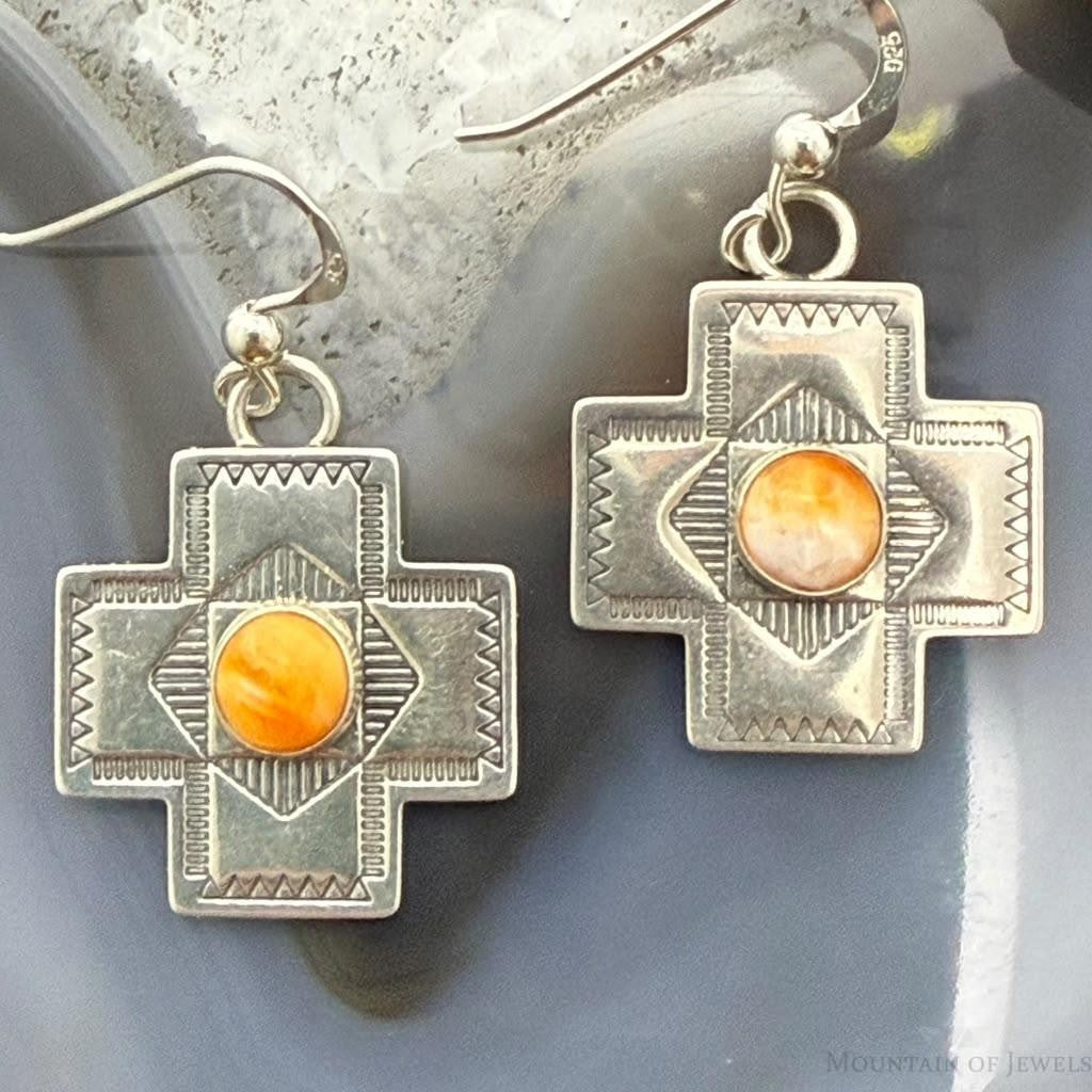Vintage Signed Sterling Silver Spiny Oyster Stamped Cross Dangle Earrings For Women