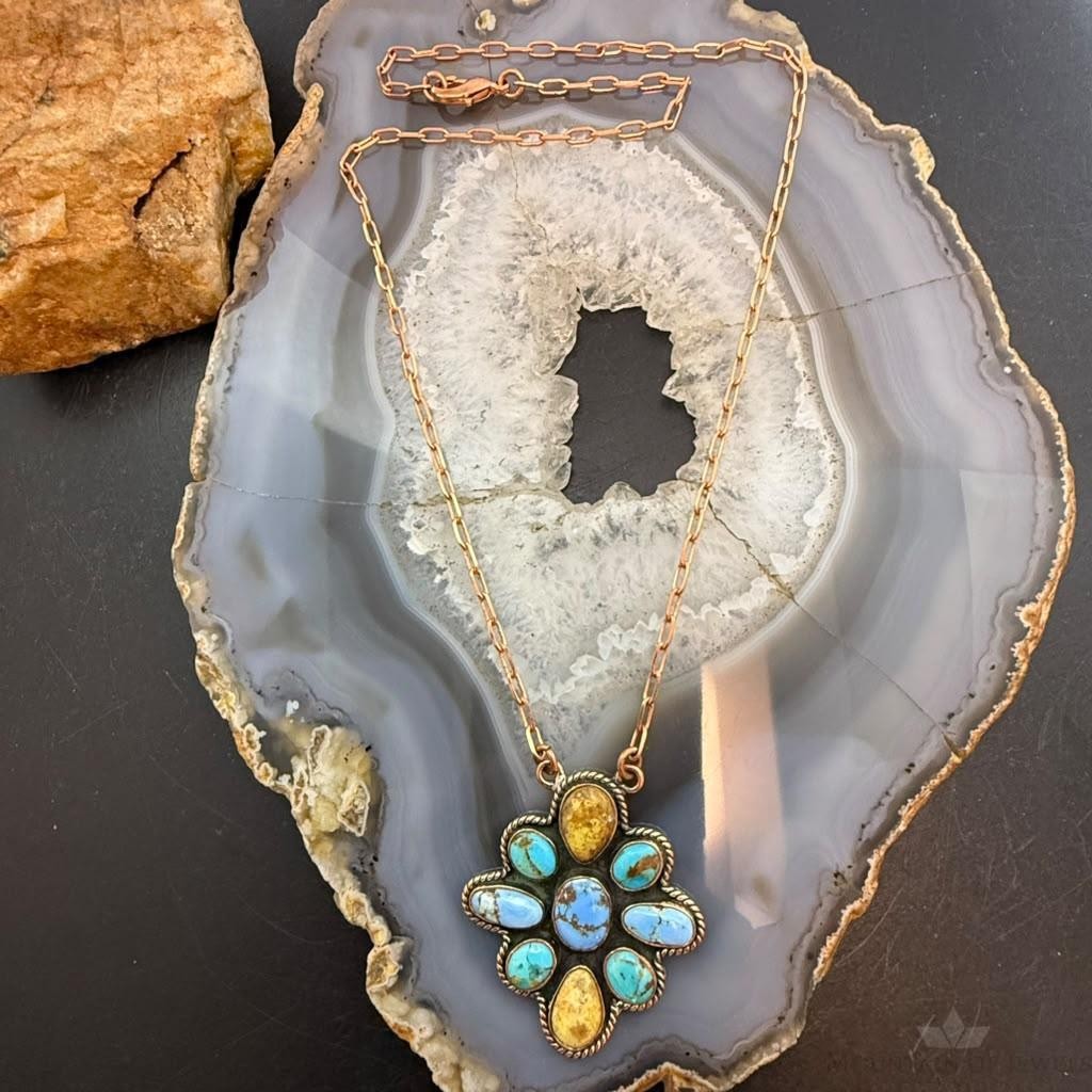 Copper Southwestern Style Mohave Palomino & Golden Hill Turquoise Necklace For Women
