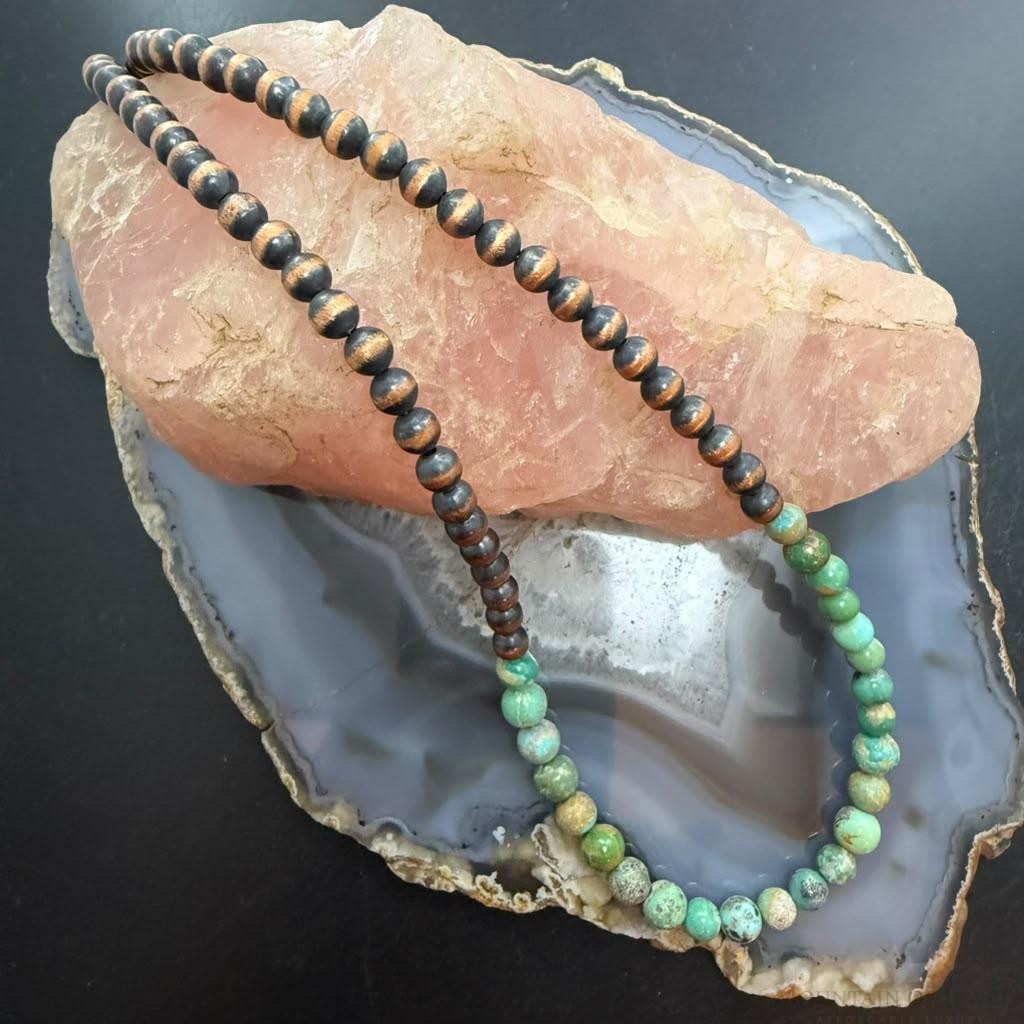 Southwestern Style 6mm Copper Navajo Pearl w/Hubei Turquoise Beads Necklace For Women