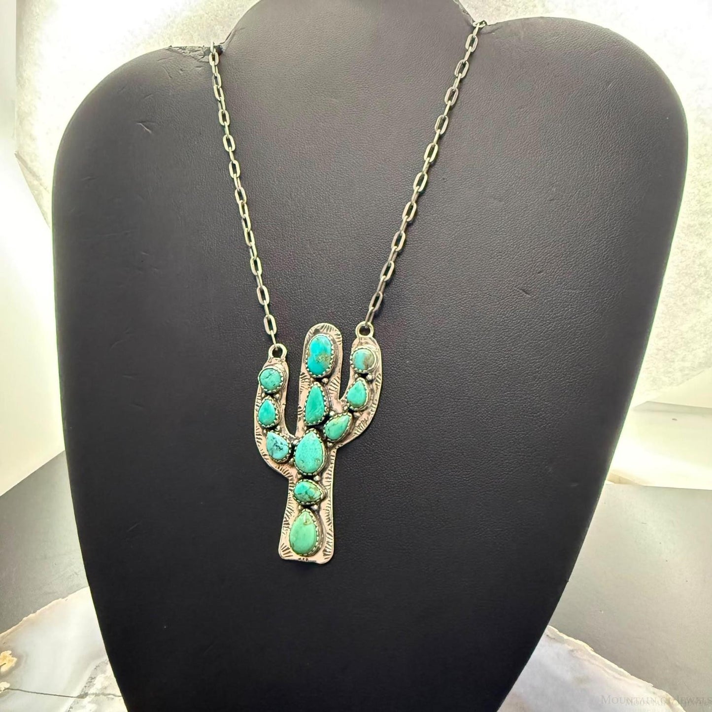 Sterling Southwestern Style Kingman Turquoise Cactus Pendant 22.5" Necklace #1