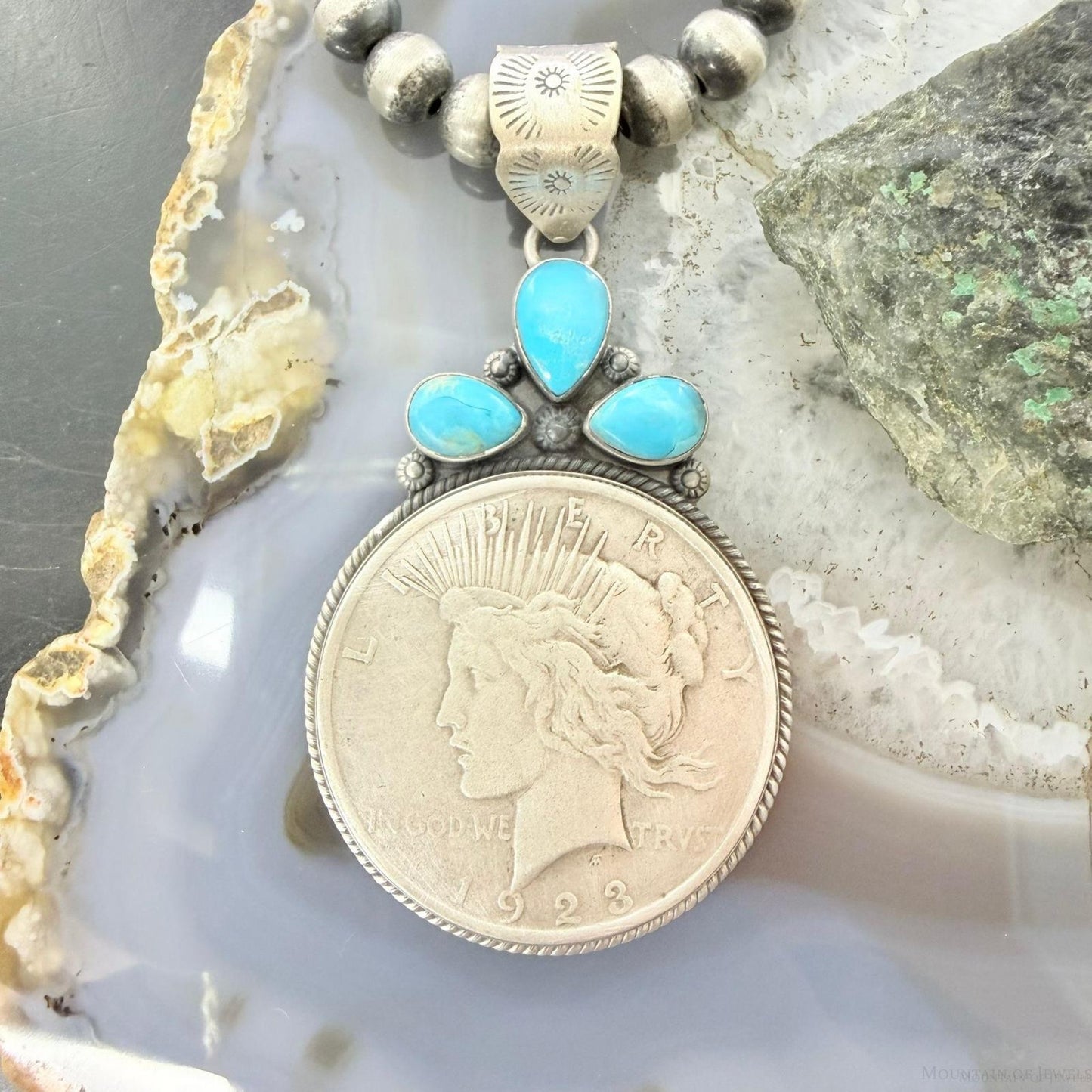Genuine 1923 90% Peace Silver Dollar Coin Teardrop Turquoise Decorated Pendant