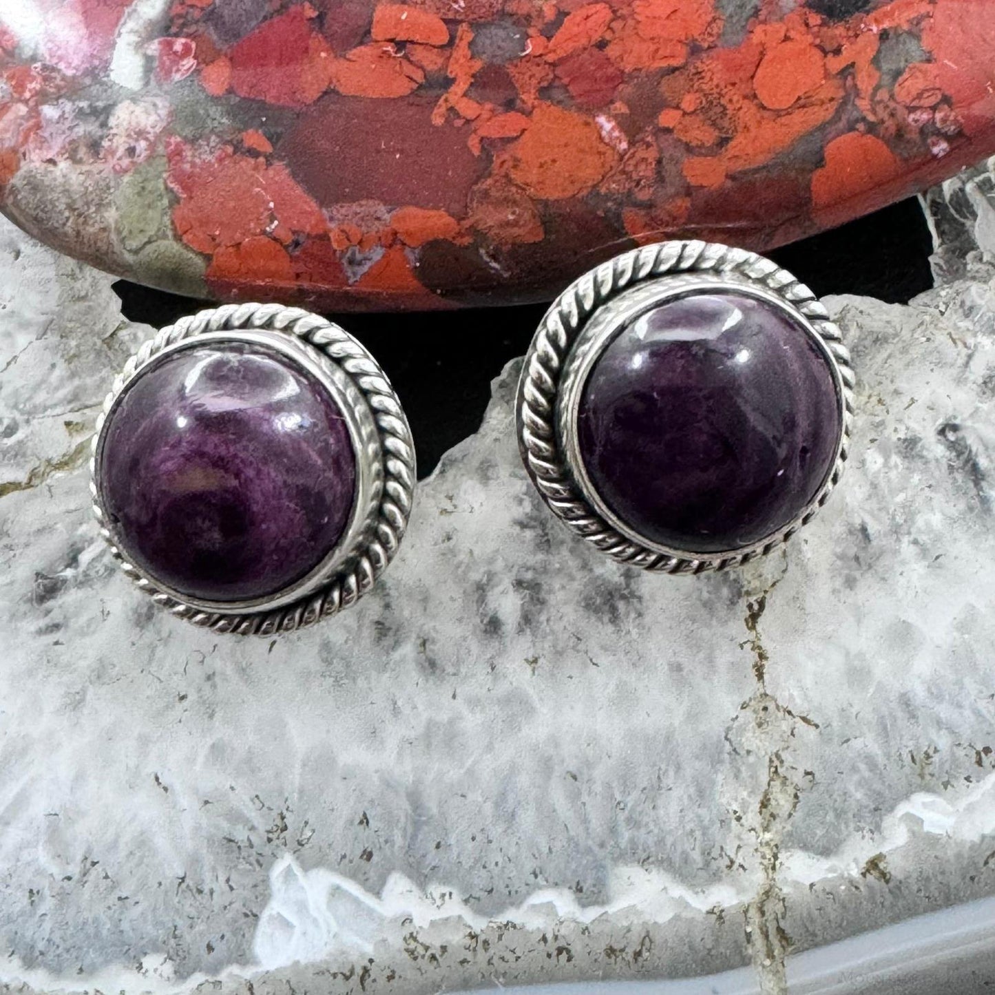 Native American Sterling Silver Round Purple Spiny Oyster Stud Earrings For Women