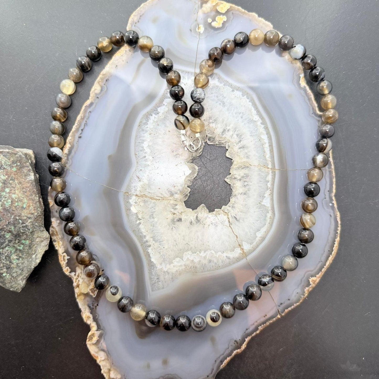 Sterling Silver Southwestern Style Smoky Onyx 8mm Beads 22" Necklace For Women