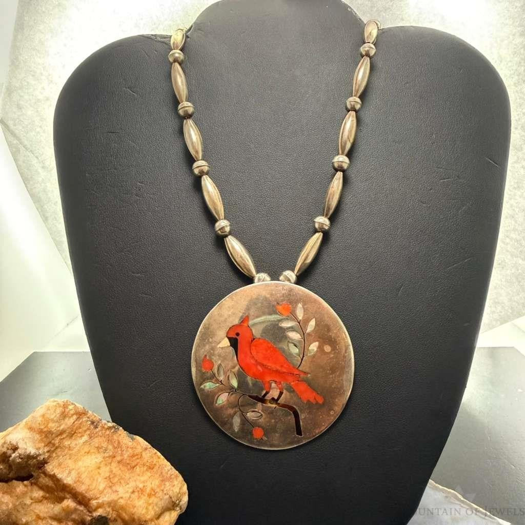 Vintage Native American Silver Zuni Pendant/Brooch Inlay Cardinal Bird Necklace For Women