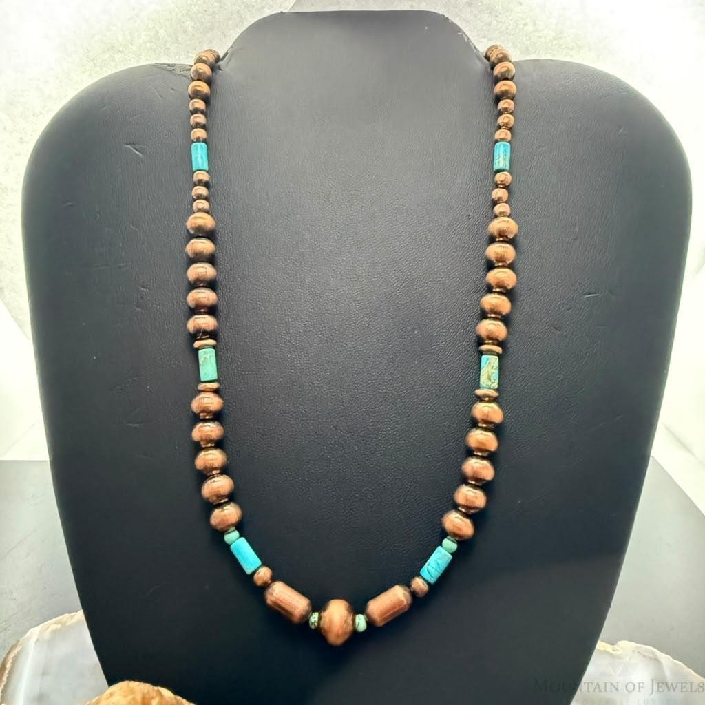 Southwestern Style Copper Navajo Pearl & Cylinder w/Sediment Jasper 18" Necklace For Women