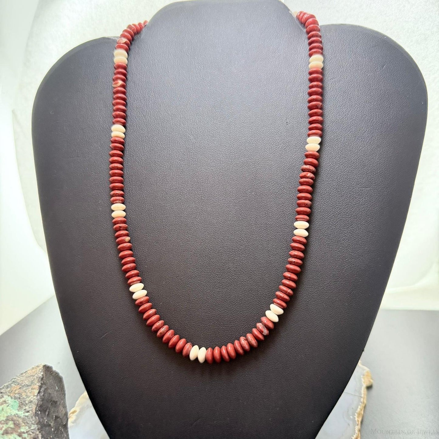 Sterling Silver Southwestern Style Red Jasper &Petrified Wood Beads Saucer 18" Necklace